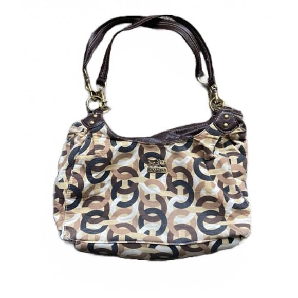CLASSIC CC COACH MAGGIE HOBO CHAINLINK SATCHEL PURSE BROWN TAN - Picture 1 of 13